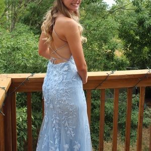 blue lace prom dress